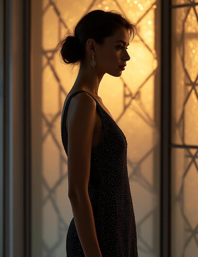 Modelo luciendo vestido flapper moderno con fondo geométrico Art Deco